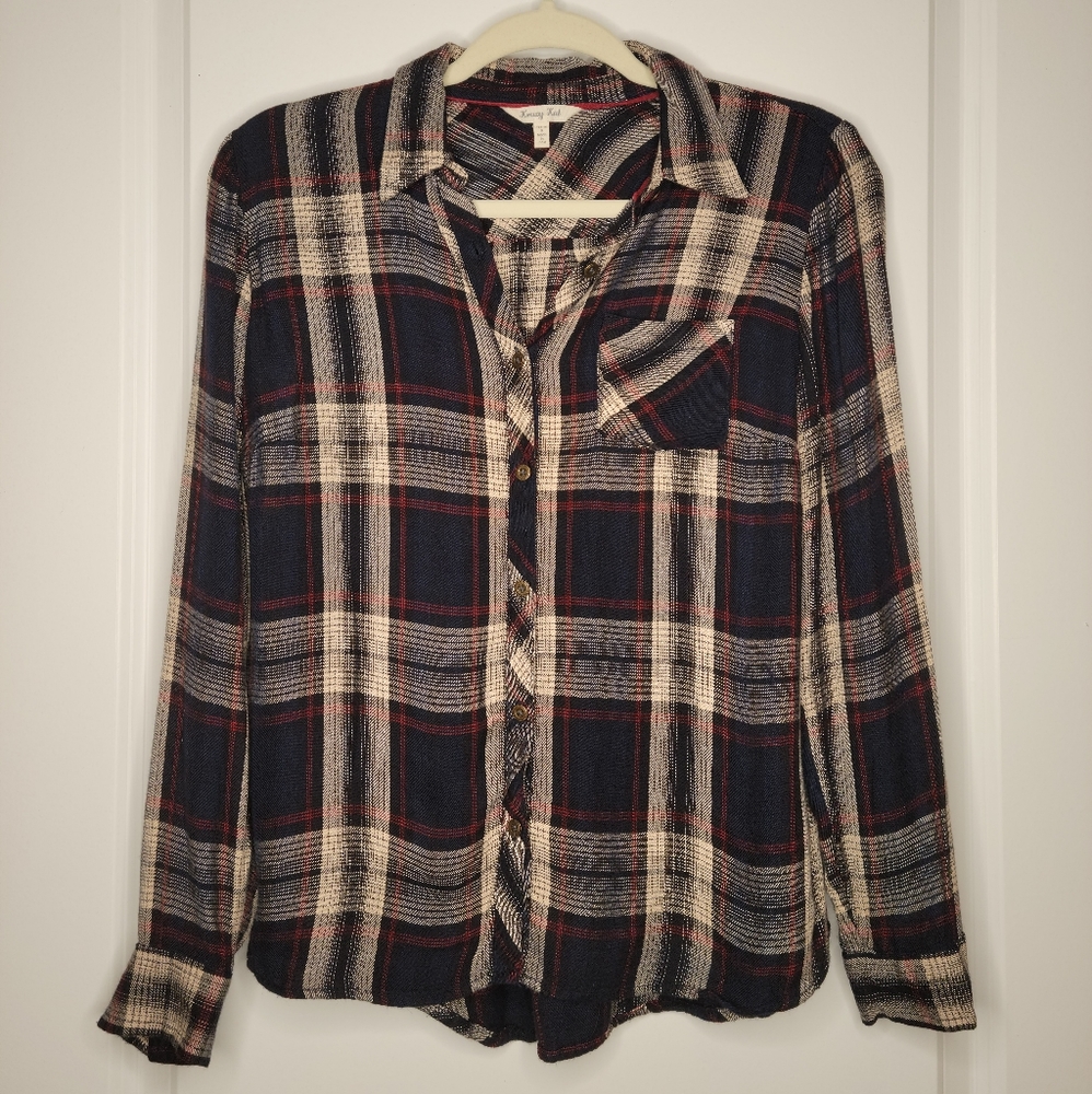 Petite Plaid Button Down Shirt in Navy, Beige, Red
